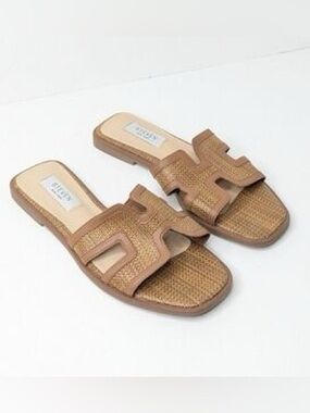 Steven New York Harlien Brown H rafia woven Slide Sandals Size 10 NWT coastal